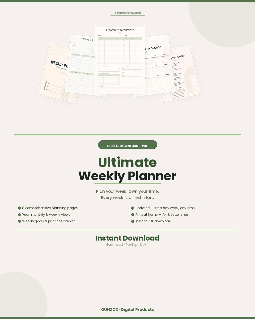 Ultimate Weekly Planner 8-page printable PDF showing weekly spread,  monthly overview and goals tracker pages — minimal design,  instant download, A4 and US Letter sizes