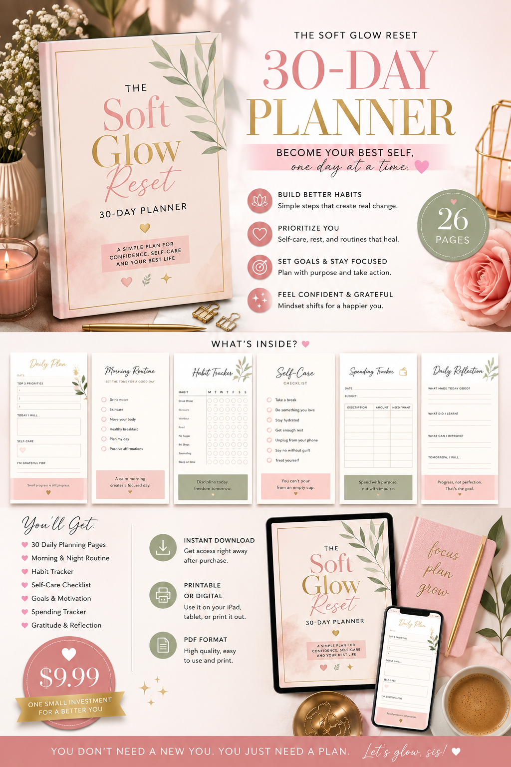 The Soft Glow Reset 30-day self-care and confidence planner