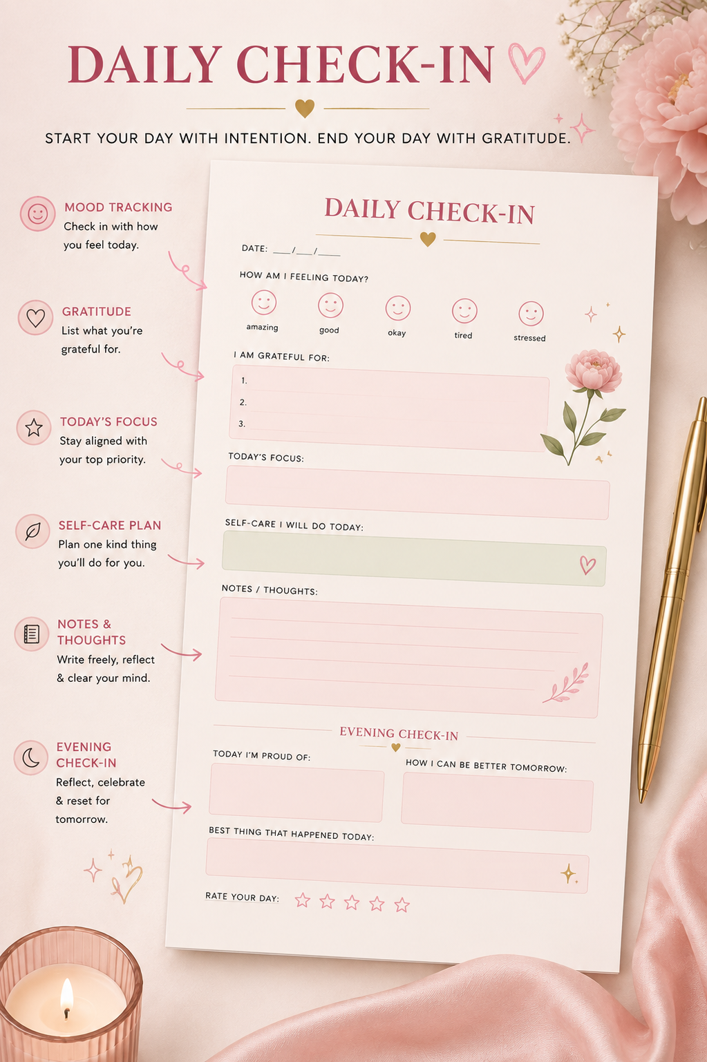 Daily check-in page from The Soft Glow Reset planner