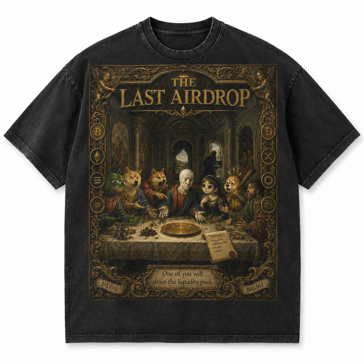 Last Airdrop crypto tee design — Renaissance Last Supper parody with meme pantheon