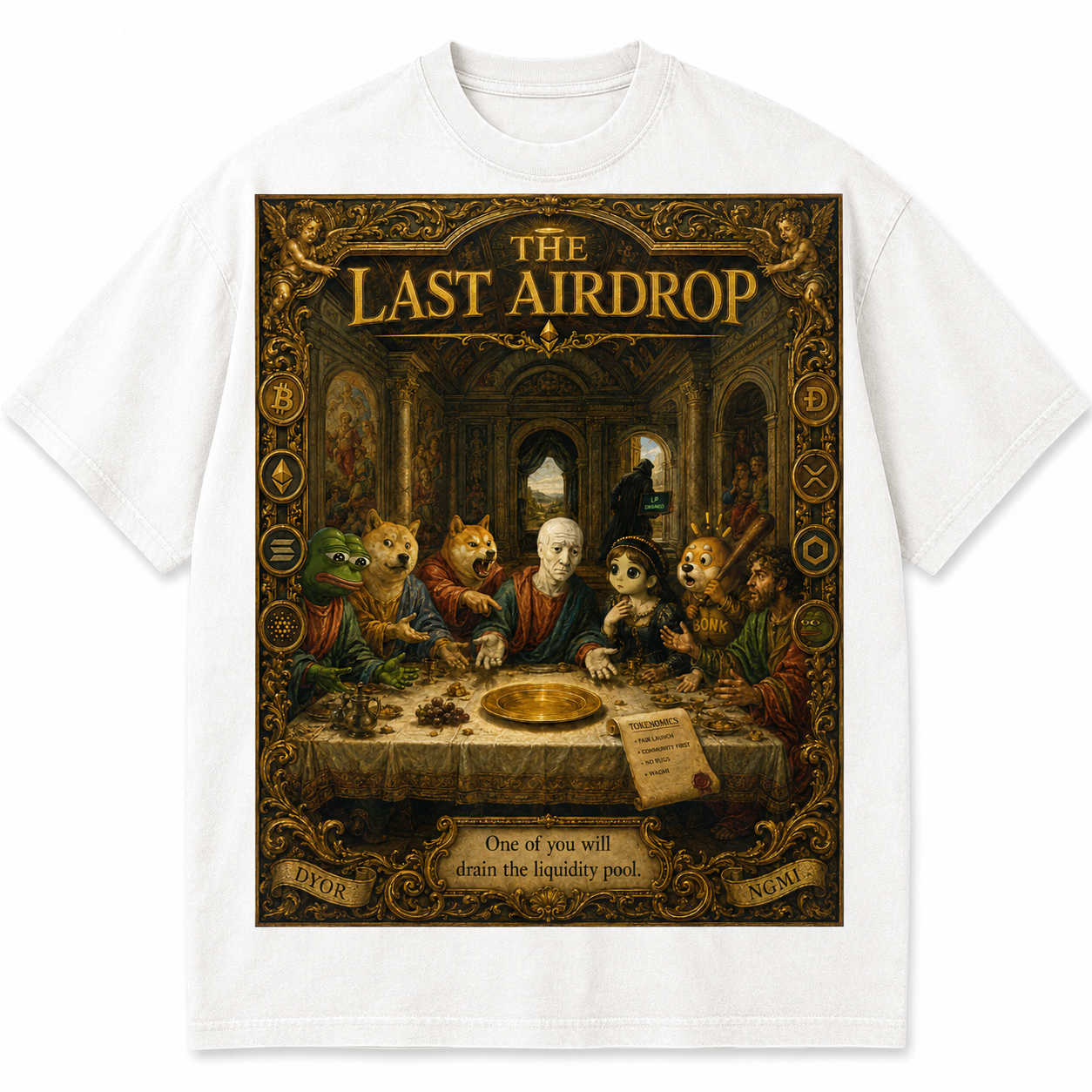 Last Airdrop crypto shirt mockup — white and black tee options