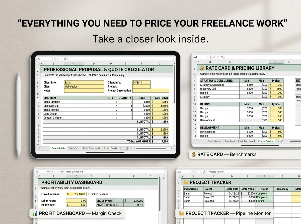 Freelance pricing dashboard showing profit tracking, rate card, project costs and pricing tools.