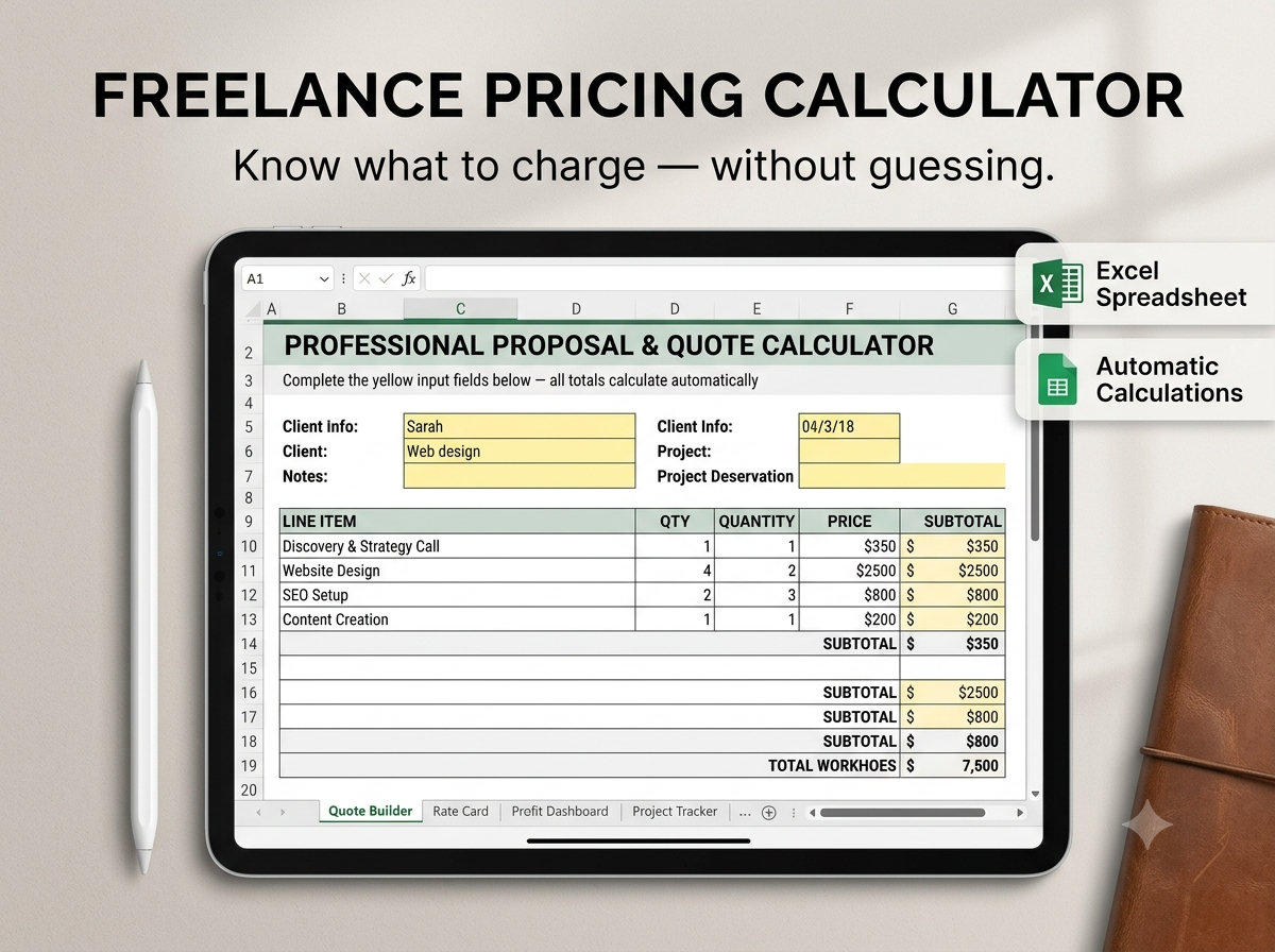 Freelance pricing calculator dashboard for calculating what to charge for a project.