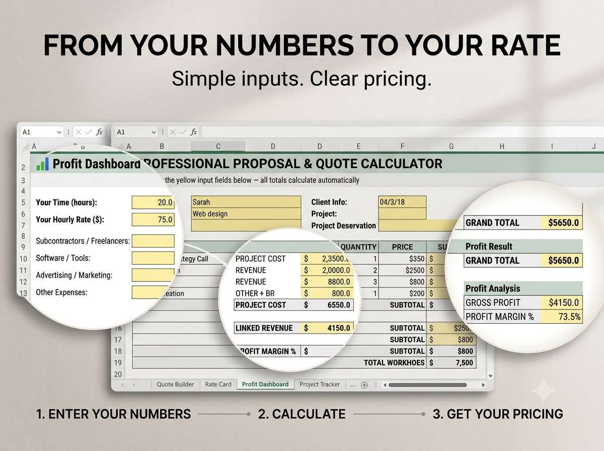 Freelance project pricing calculator turning hours, costs and rates into a clear project price