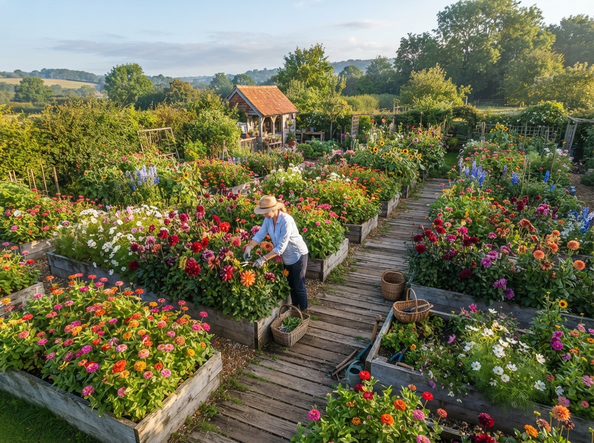 Vibrant homegrown cut flower garden with raised wooden beds filled with blooming cosmos and dahlias, demonstrating high-yield small space flower patch layouts.