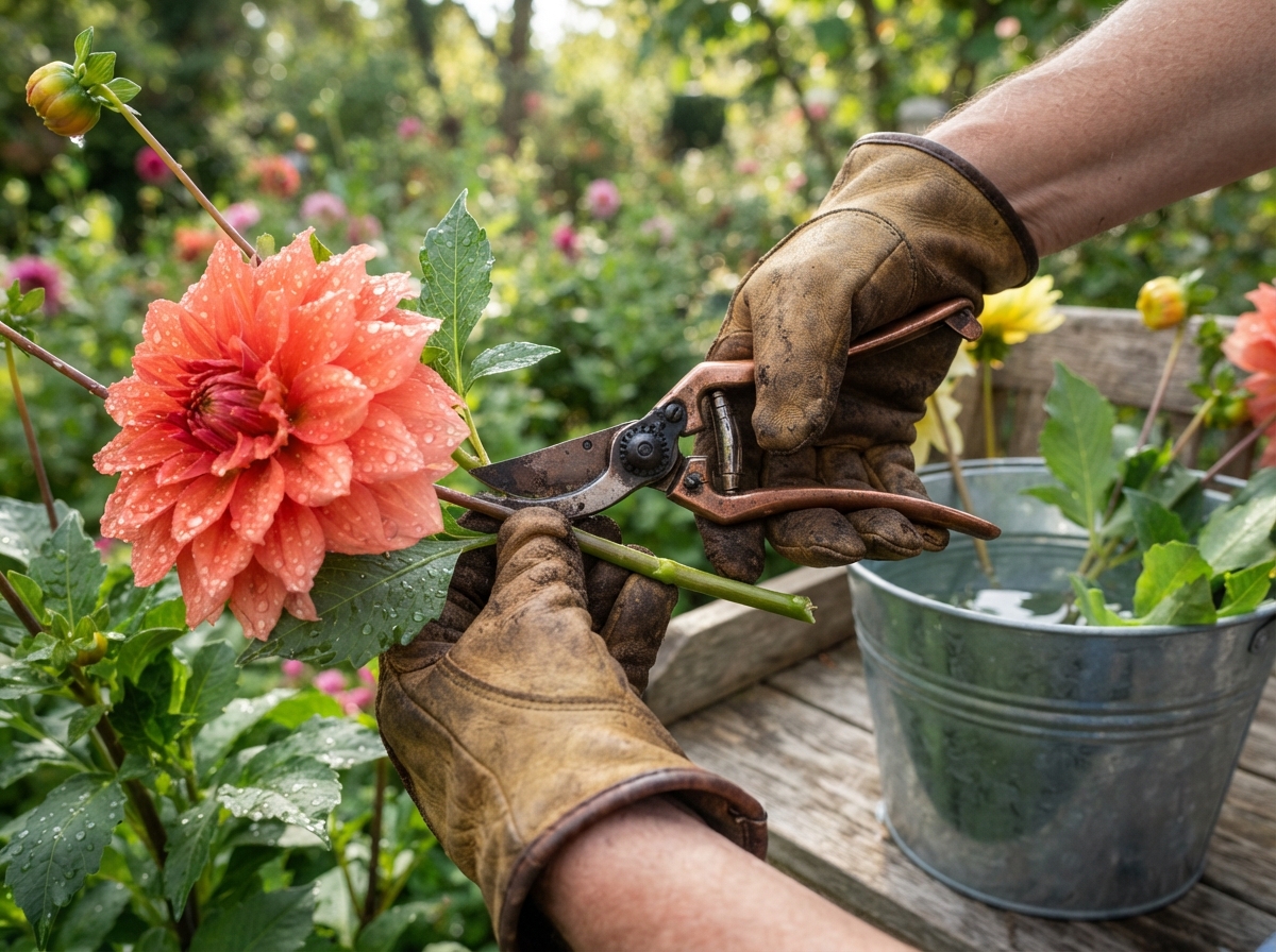 Close-up of a gardener harvesting a fresh coral dahlia with pruners to demonstrate proper harvesting techniques for extending cut flower vase life.
