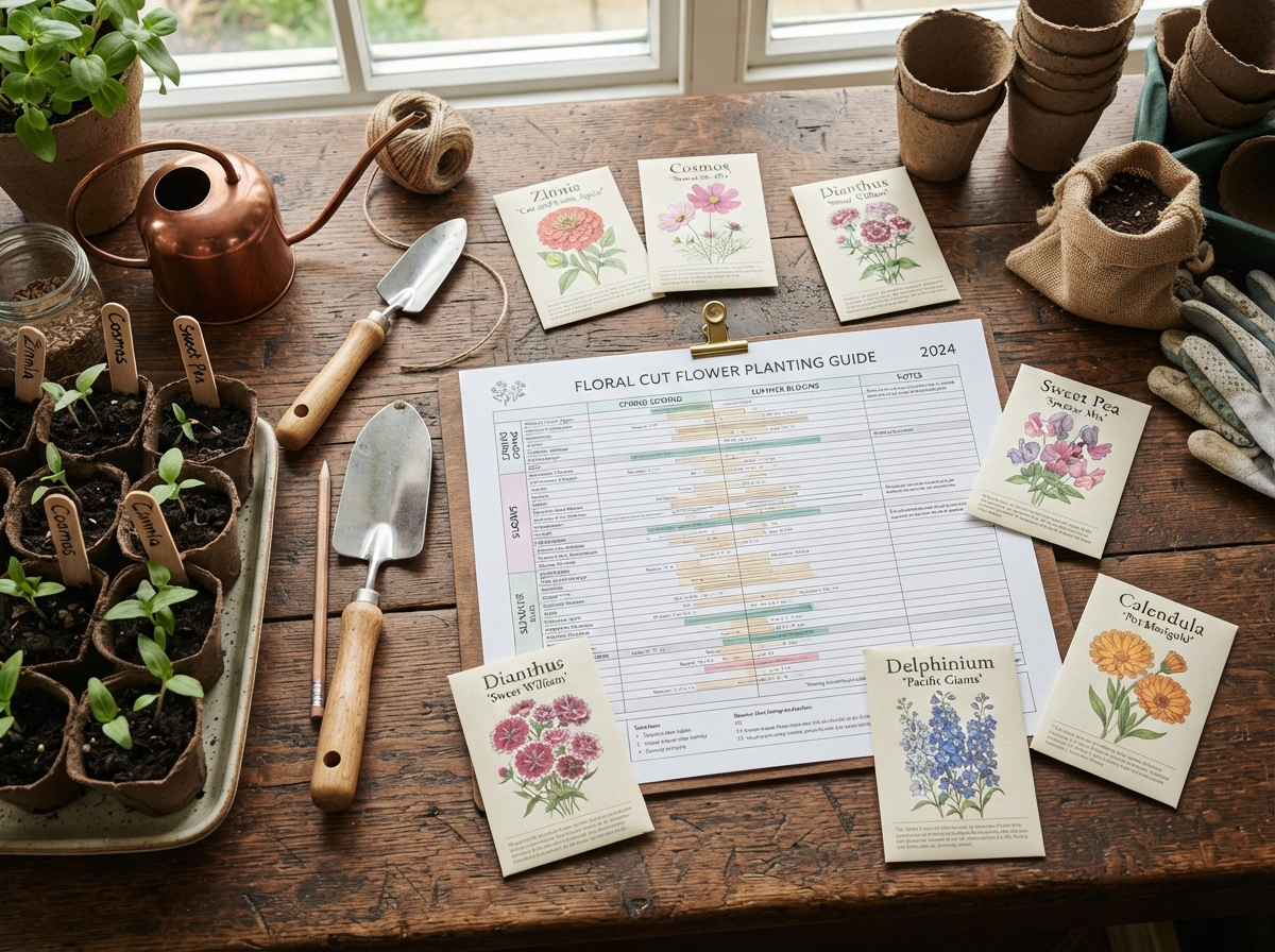 Flat-lay setup of seed starting supplies and a flower sowing calendar for year-round succession planting in an organic flower patch.