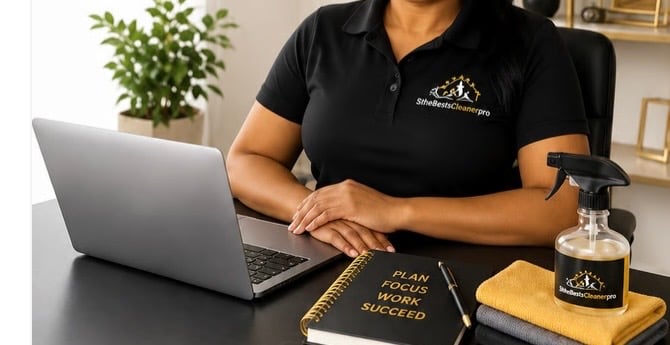 Shirley Allen, owner of StheBestsCleanerpro, working at a laptop with cleaning business tools and supplies.