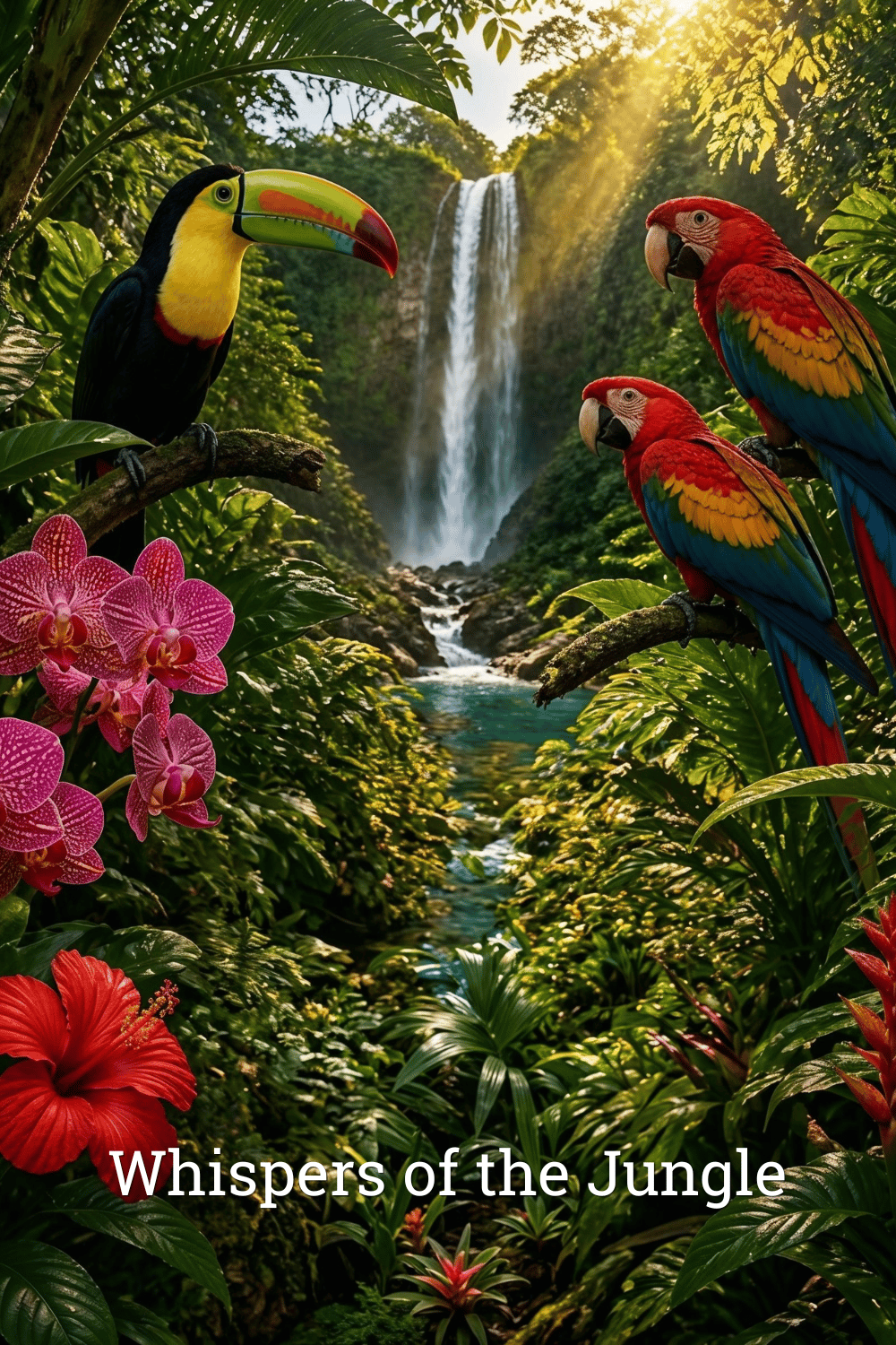Whispers of the Jungle grayscale tropical rainforest coloring book cover with colorful toucan, scarlet macaws, orchids and waterfall