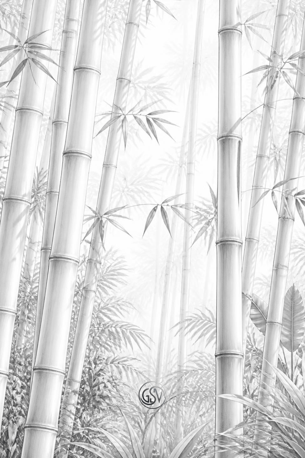 Grayscale coloring page of a tropical bamboo grove with soft misty light