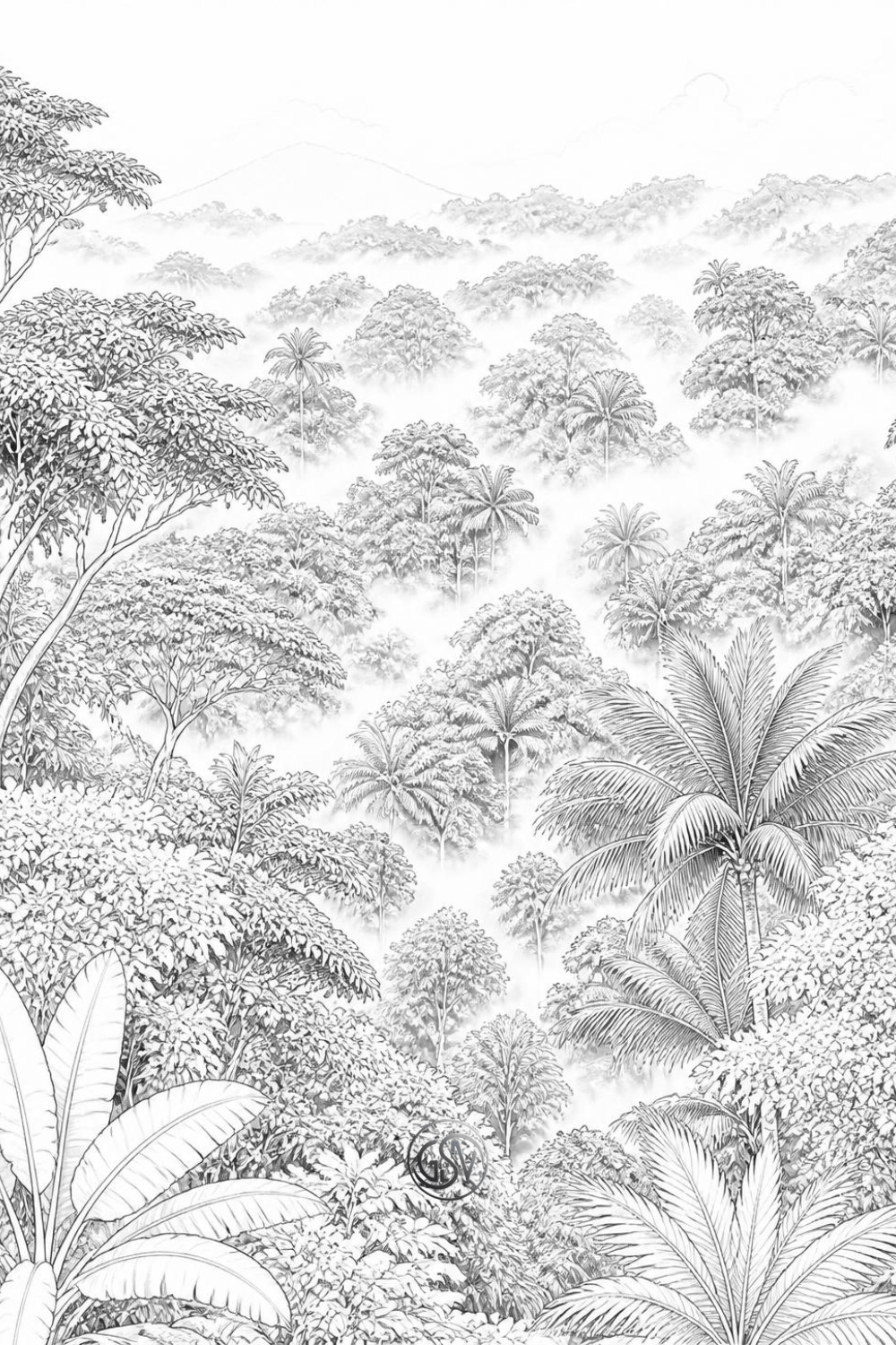 Grayscale coloring page of an aerial view over a misty rainforest canopy with palm trees