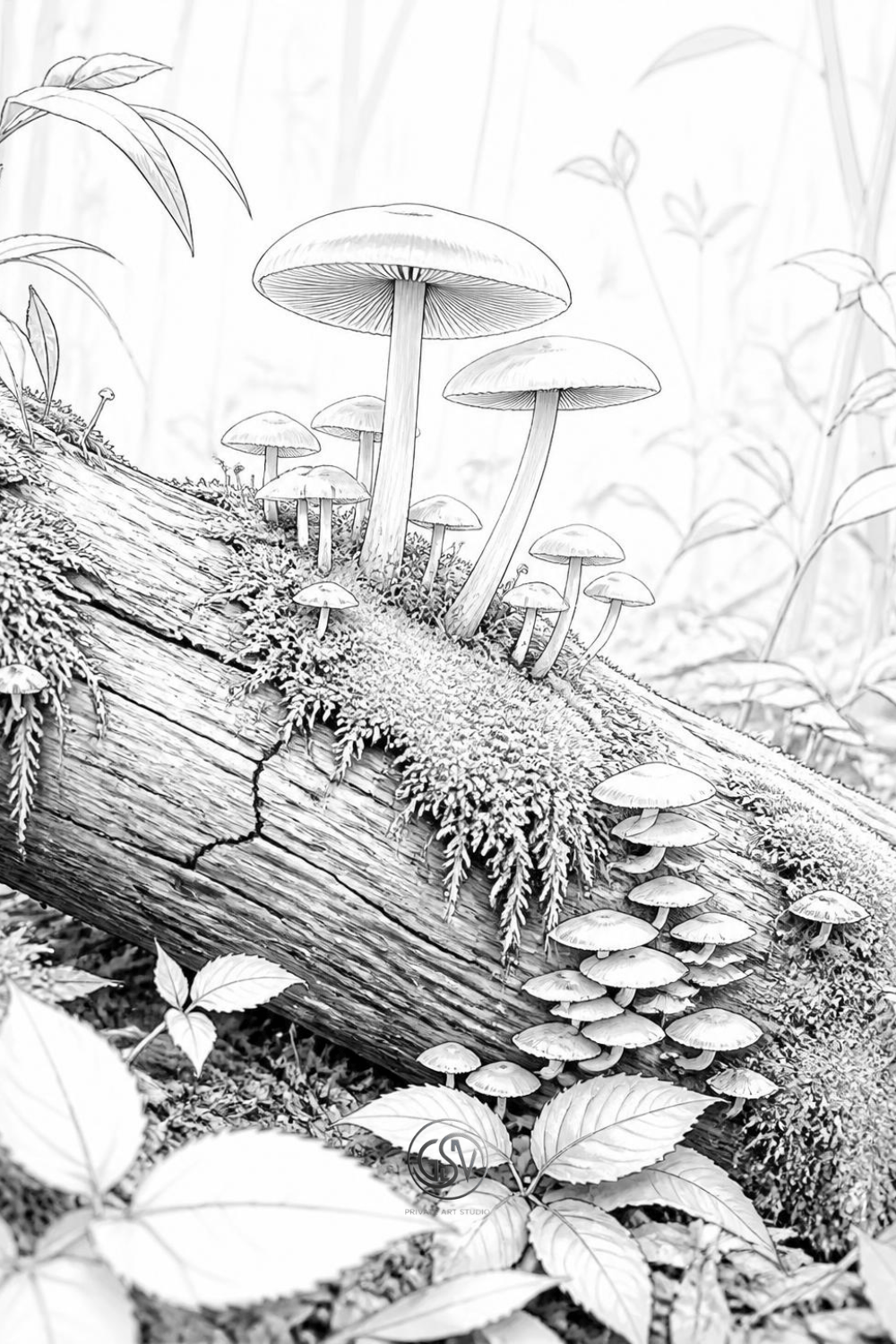 Grayscale coloring page of wild mushrooms and moss growing on a fallen jungle log