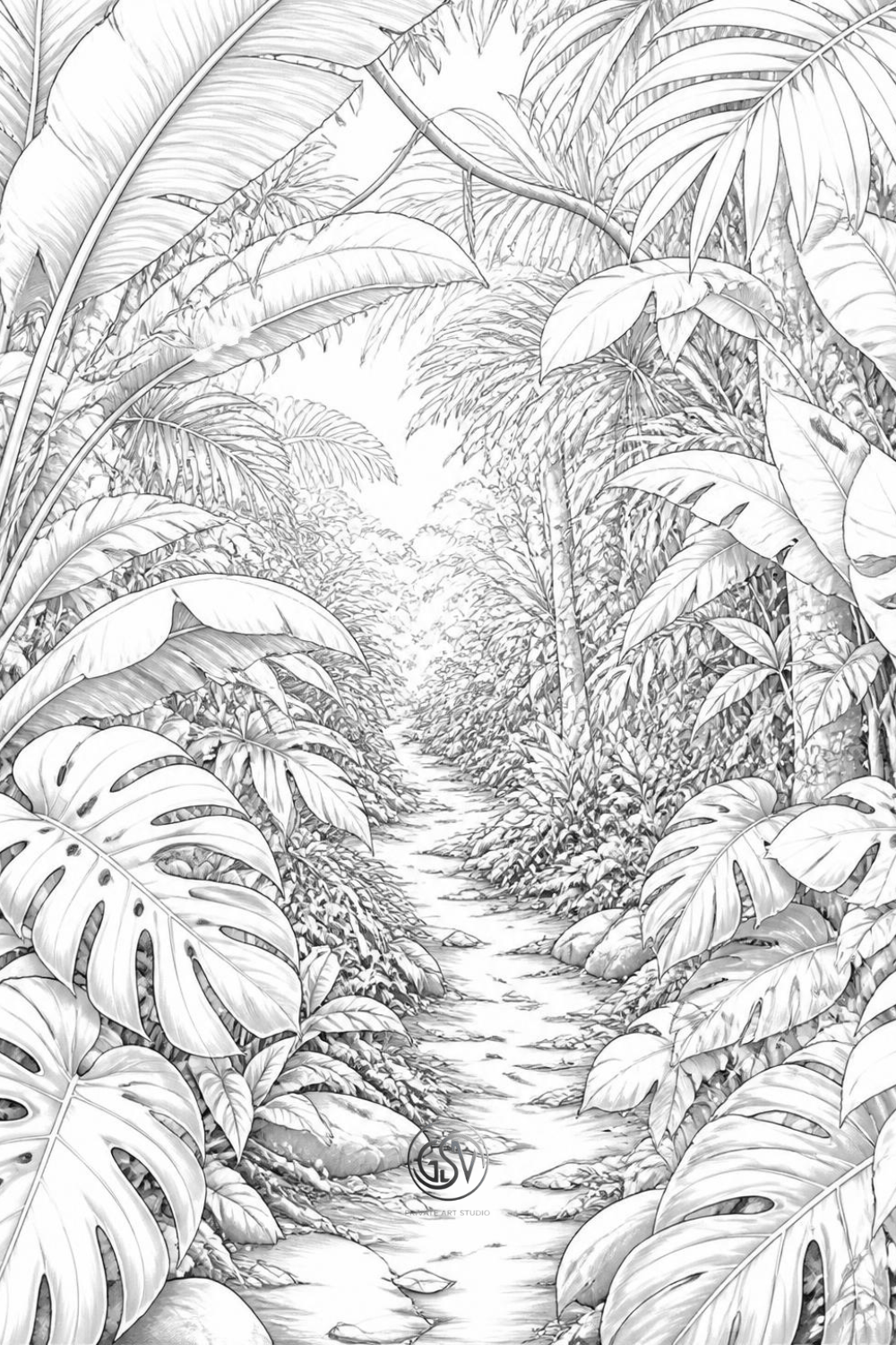 Grayscale coloring page of a jungle path winding through a tunnel of tropical leaves
