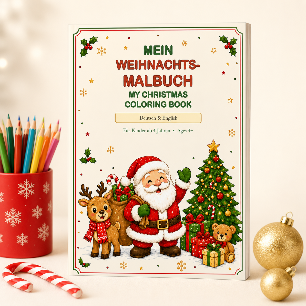 Christmas coloring book cover mockup with Santa, reindeer, Christmas tree, colored pencils and gold ornaments.