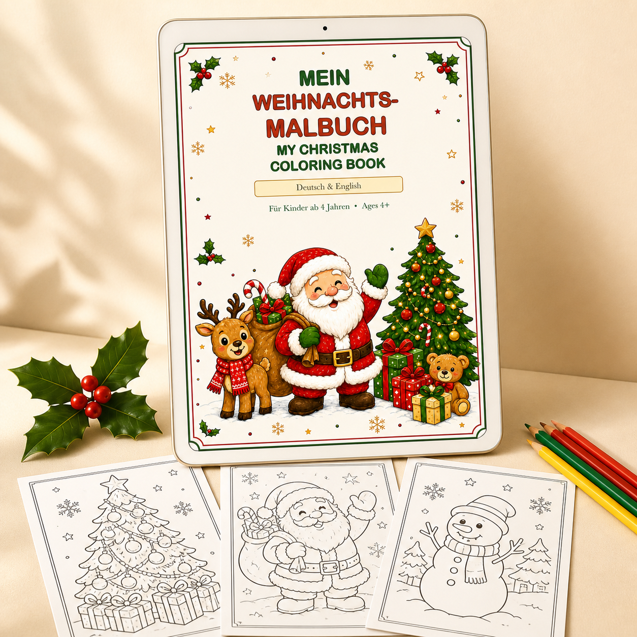Digital Christmas coloring book shown on a tablet with printable coloring pages, colored pencils and holly.