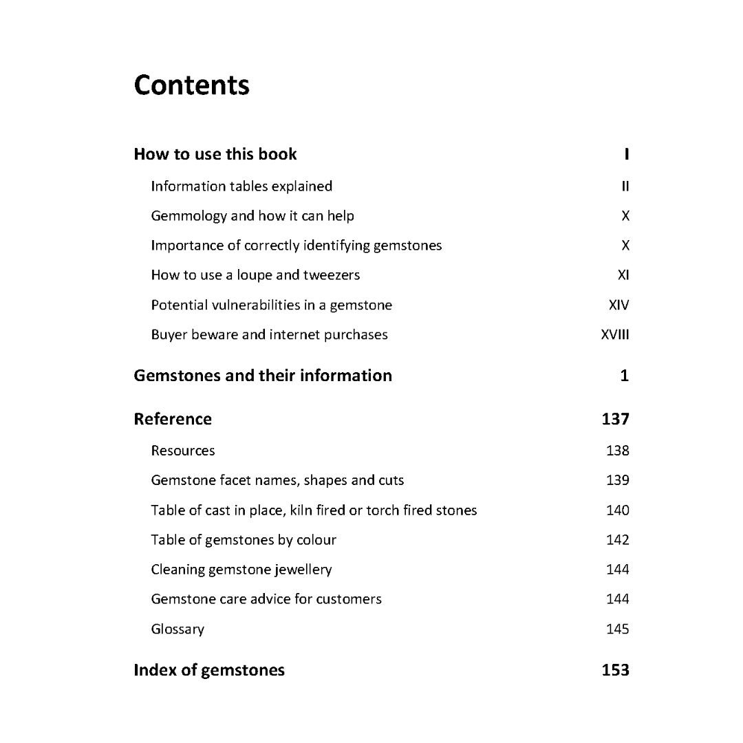 Contents of jewellers quick reference guide to working with gemstones
