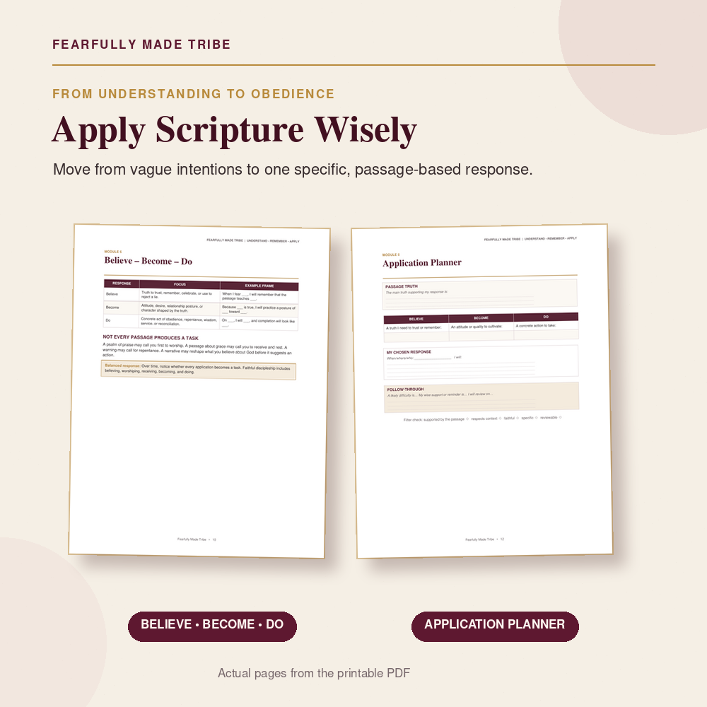 Christian Scripture application worksheet for turning Bible reading into faithful daily action
