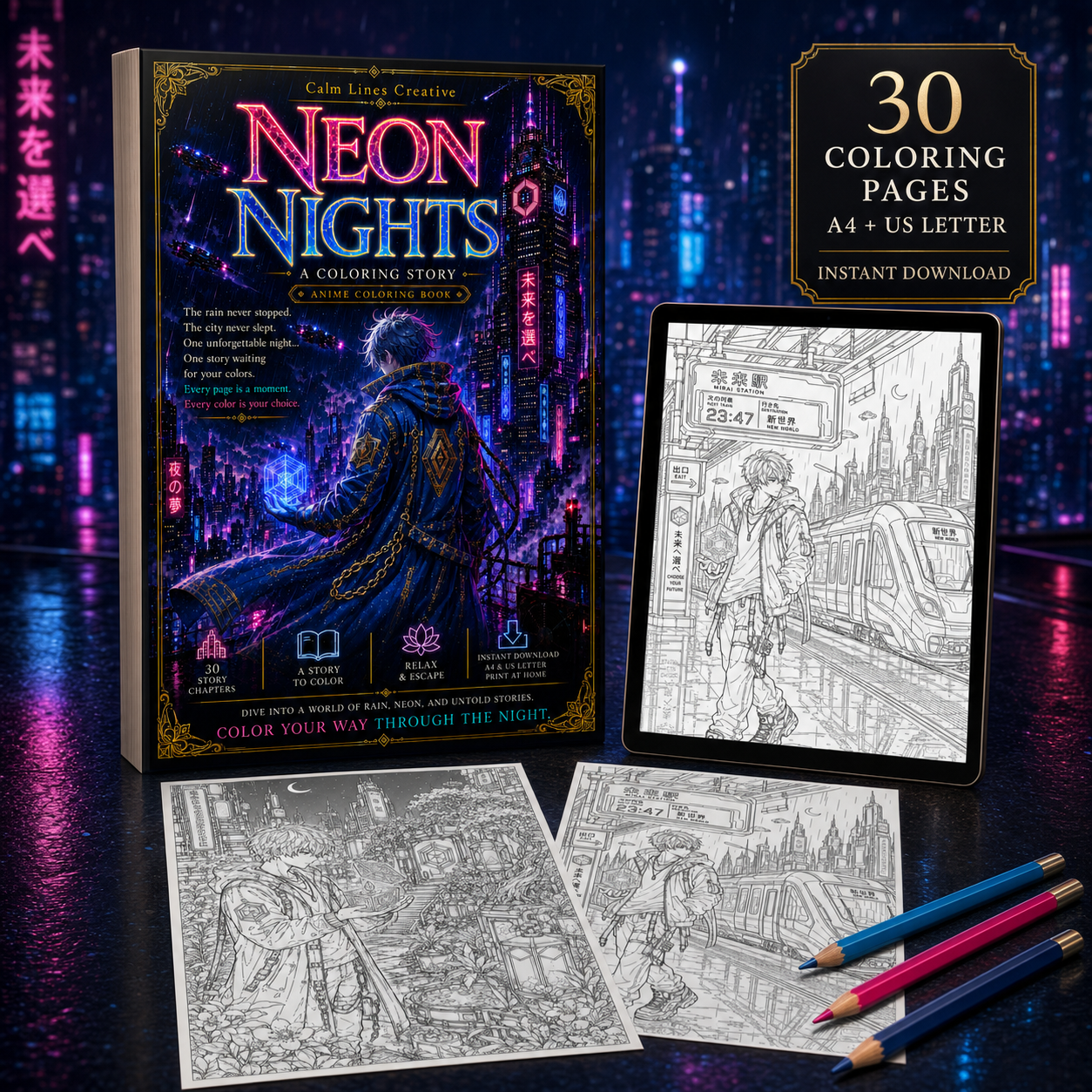 Neon Nights anime coloring book mockup featuring the book’s neon cyberpunk cover, a tablet and two printable black-and-white coloring pages with futuristic anime city scenes, colored pencils, and text highlighting 30 coloring pages in A4 and US Letter for