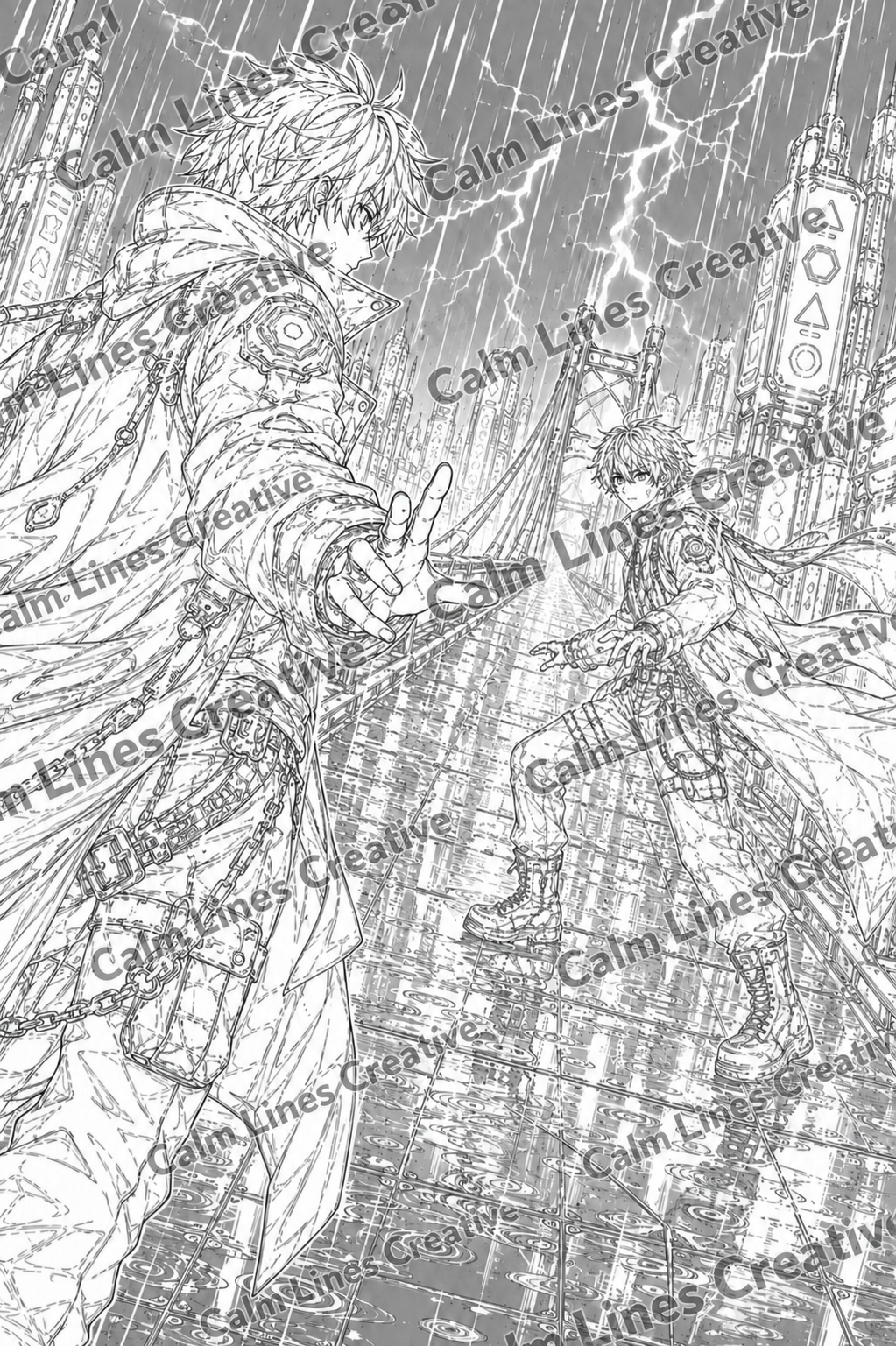 Black-and-white anime coloring page showing two futuristic boys confronting each other on a rain-soaked suspension bridge during a lightning storm, with a detailed cyberpunk city in the background and a Calm Lines Creative watermark.