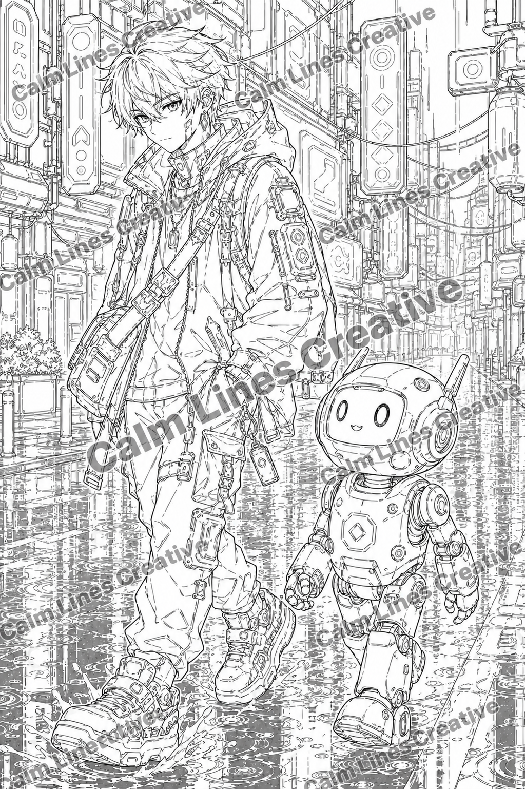 Black-and-white anime coloring page featuring a futuristic anime boy walking beside a friendly small robot through a rain-soaked cyberpunk city street, with detailed buildings, signs, reflections and a Calm Lines Creative watermark.
