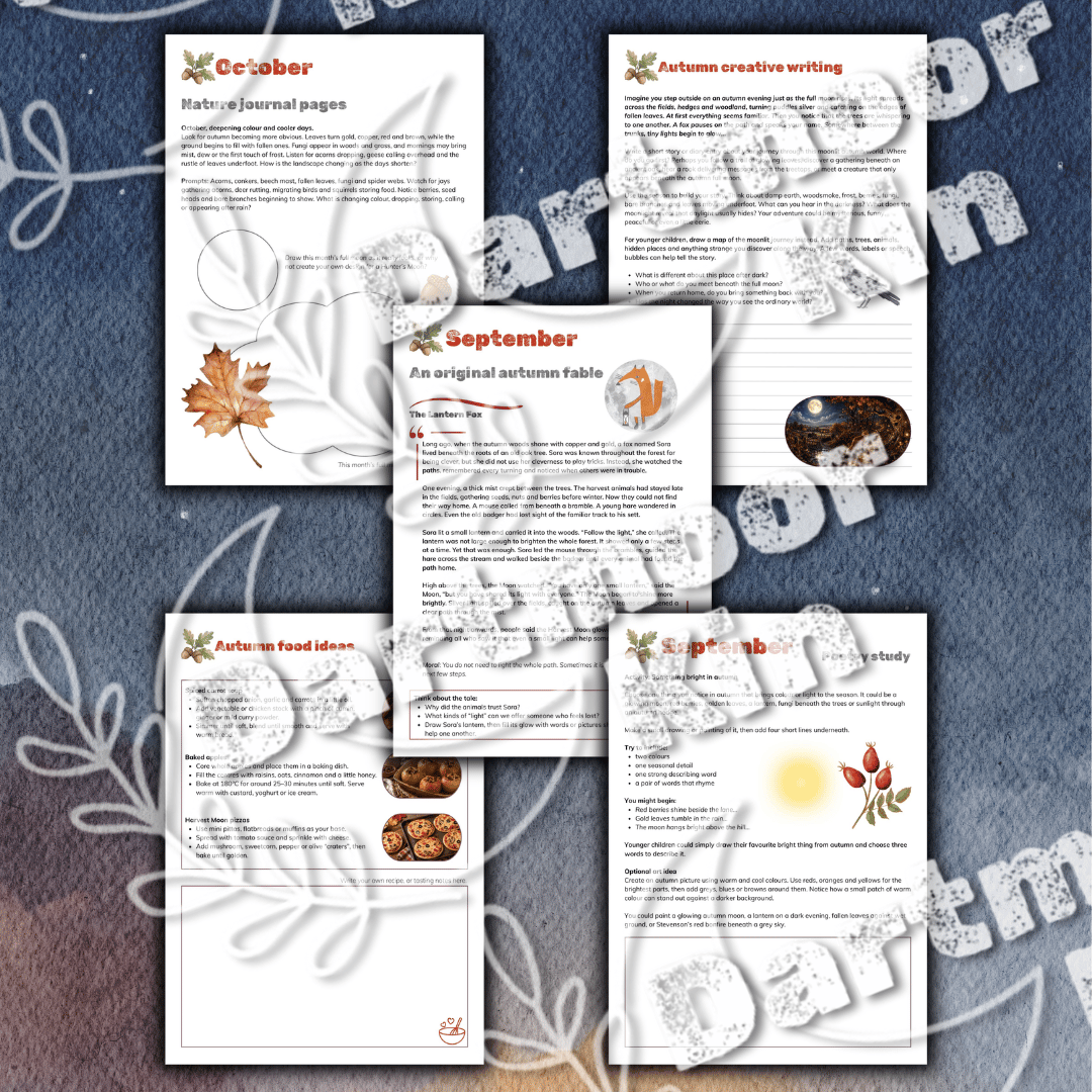 Autumn Moons Pack pages with nature journalling, creative writing, moon facts and seasonal activities.