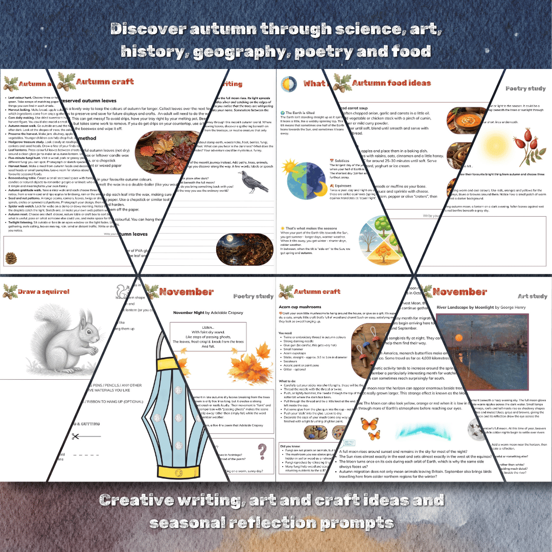 Autumn Moons Pack recipe and activity pages with seasonal food, crafts and nature-based learning.