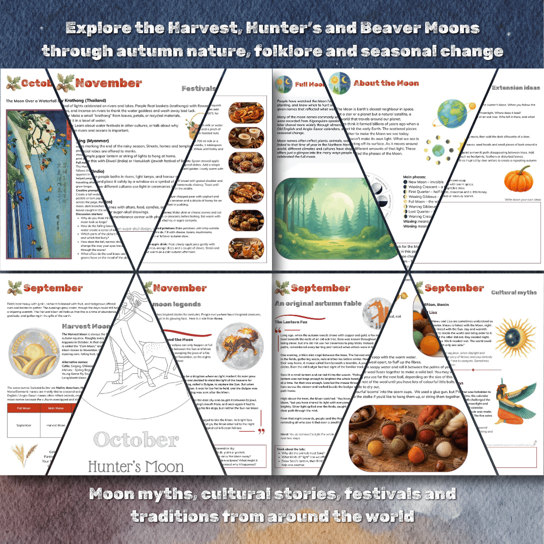 Printable Harvest Moon, Hunter’s Moon and Beaver Moon learning pages for children and families.