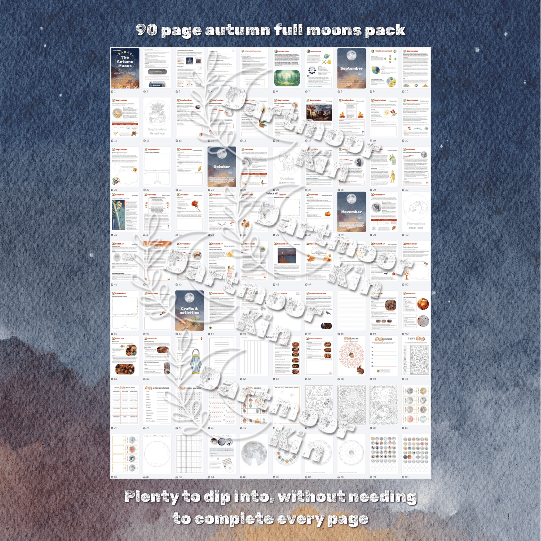 Autumn Moons Pack, with moon folklore, nature study, art, poetry, crafts and seasonal activities for September to November.