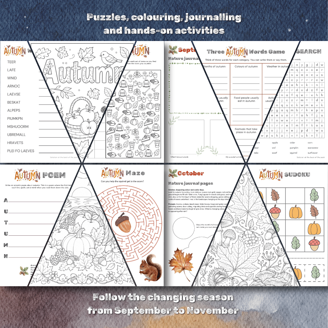 Printable autumn crafts, colouring pages, puzzles and seasonal activity ideas for mixed ages.
