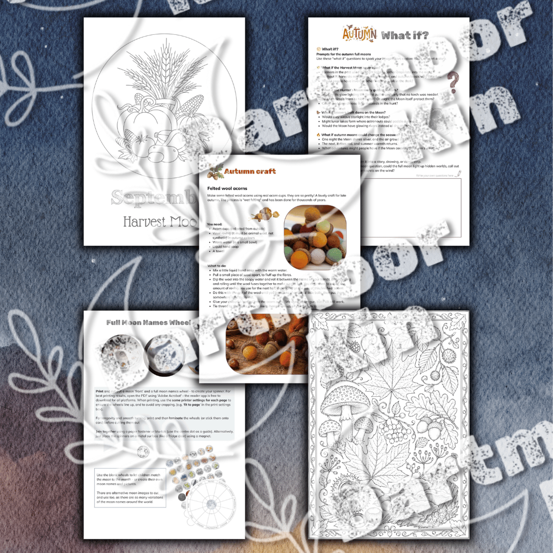 Autumn moon study pages featuring folklore, cultural traditions, art, poetry and nature activities.