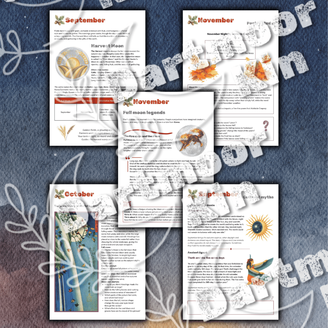 Autumn printable learning pack featuring moon phases, festivals, stories, art, poetry and nature study.