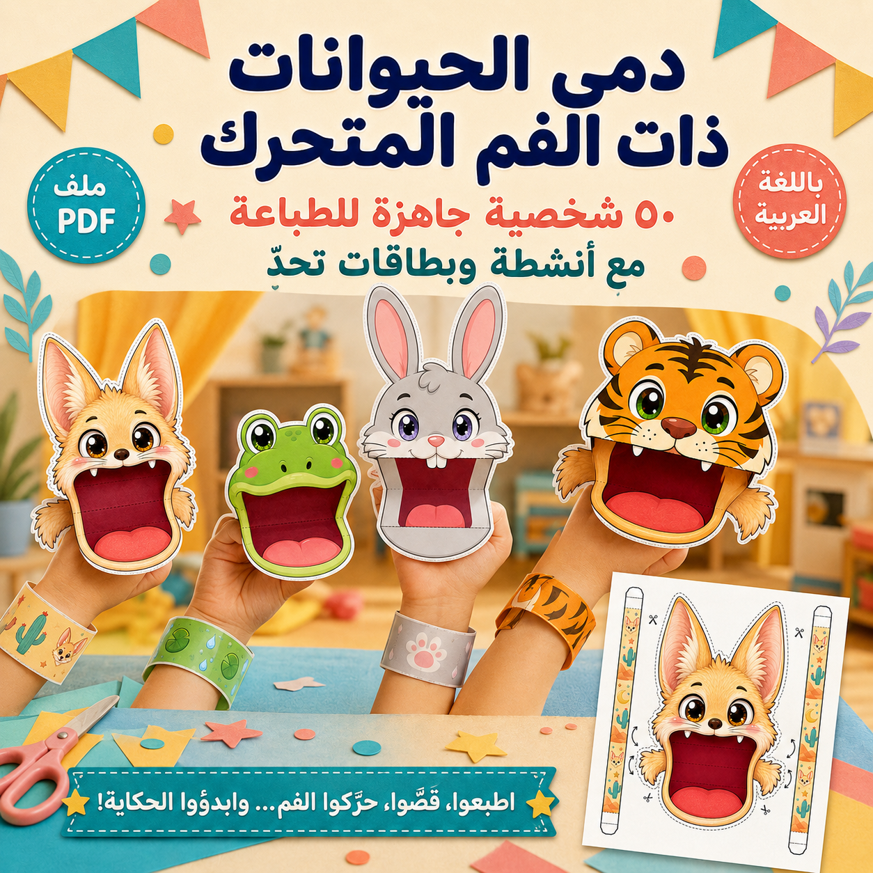 دمى الحيوانات المتكلمة – ٥٠ شخصية جاهزة للطباعة مع أنشطة وبطاقات تحدٍّ