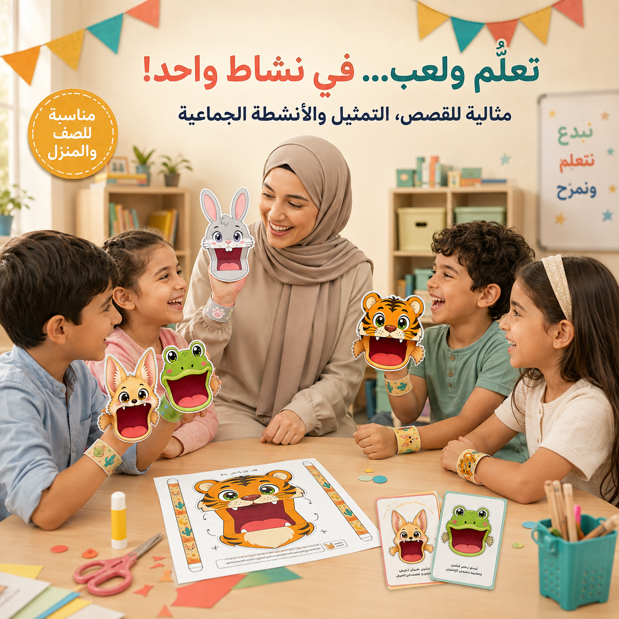 دمى الحيوانات المتكلمة – ٥٠ شخصية جاهزة للطباعة مع أنشطة وبطاقات تحدٍّ