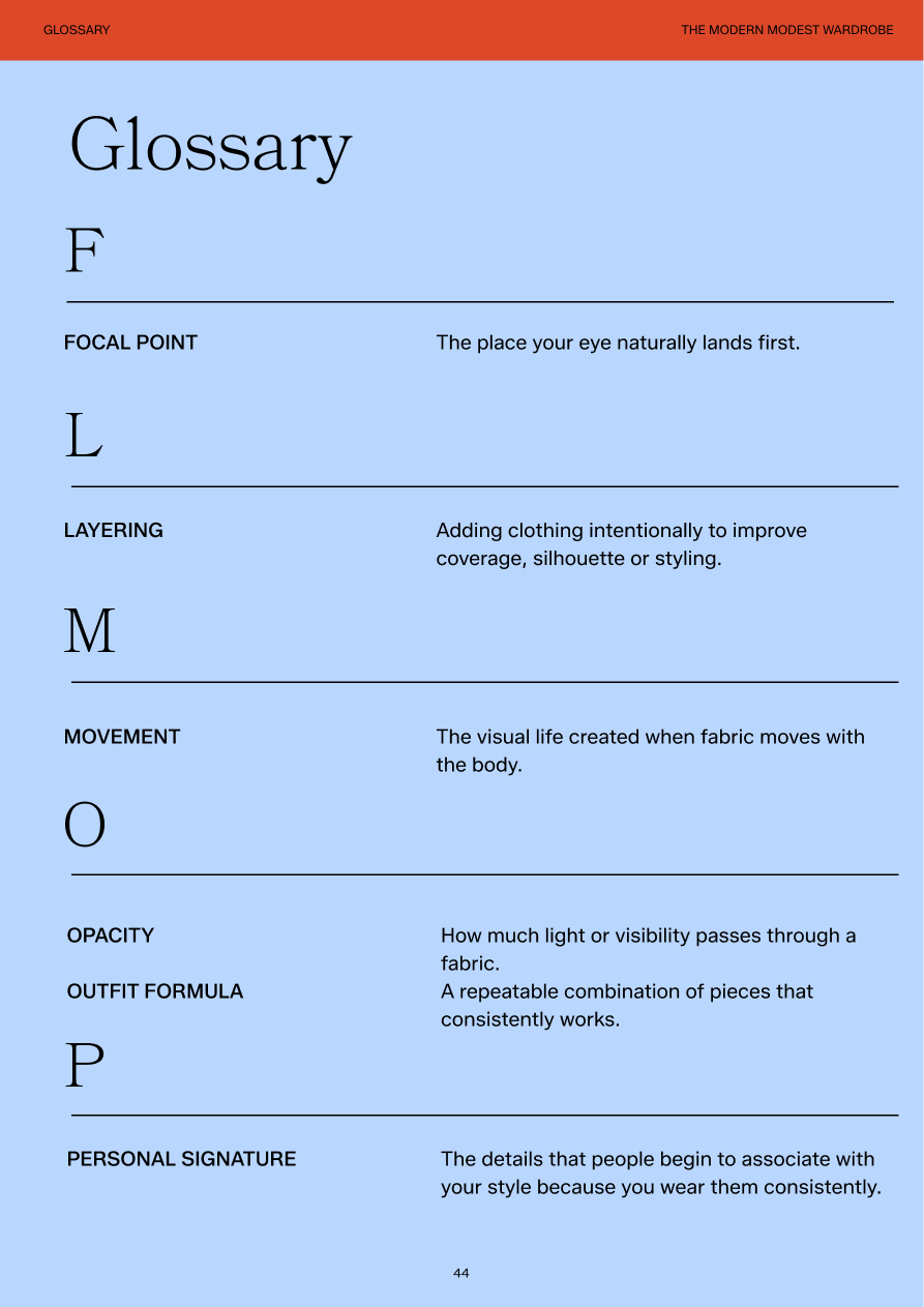 Glossary page from The Modern Modest Wardrobe defining styling terms including focal point, layering, movement, opacity, outfit formula and personal signature.