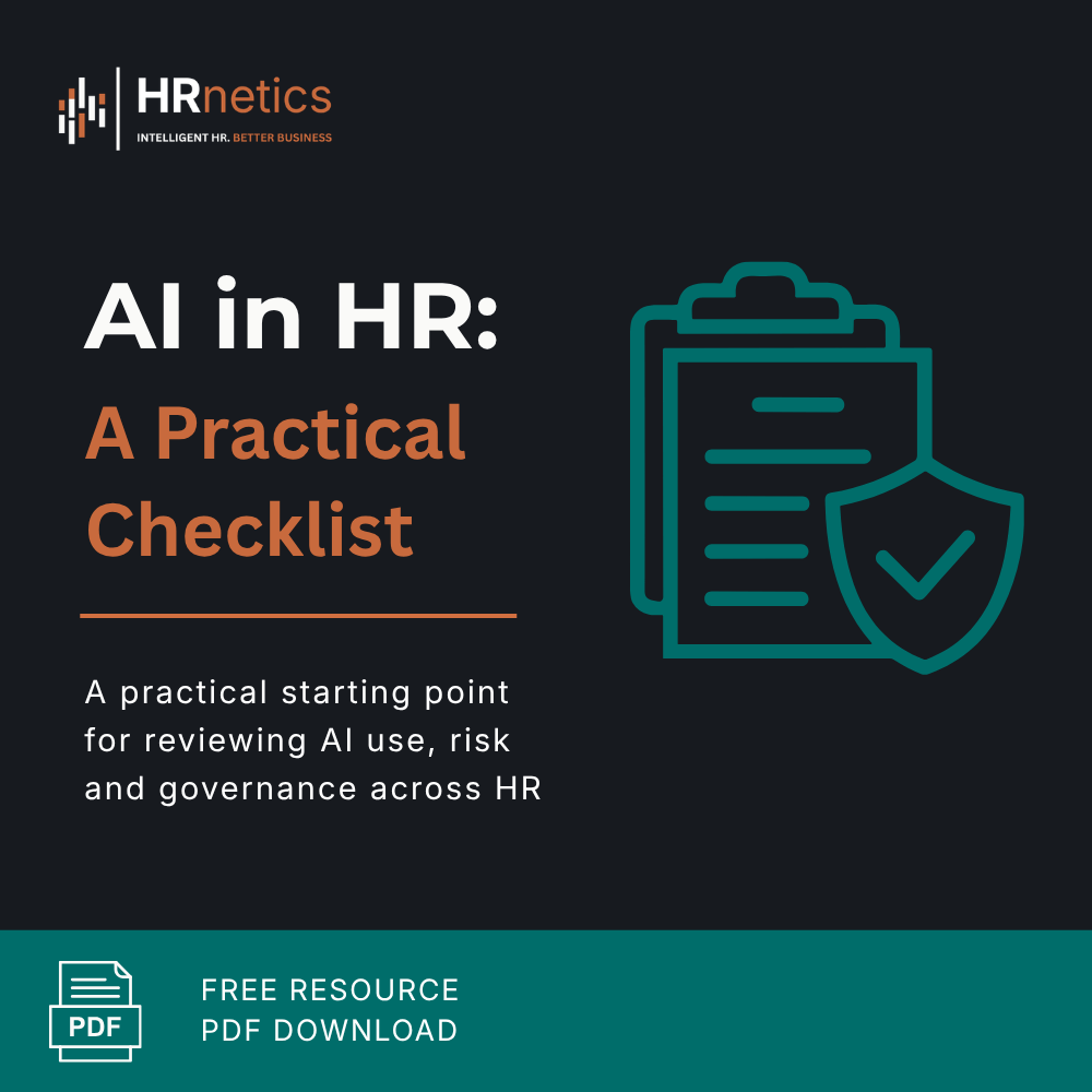 HRnetics AI in HR practical checklist cover, free PDF resource for reviewing AI use, risk and governance in HR.