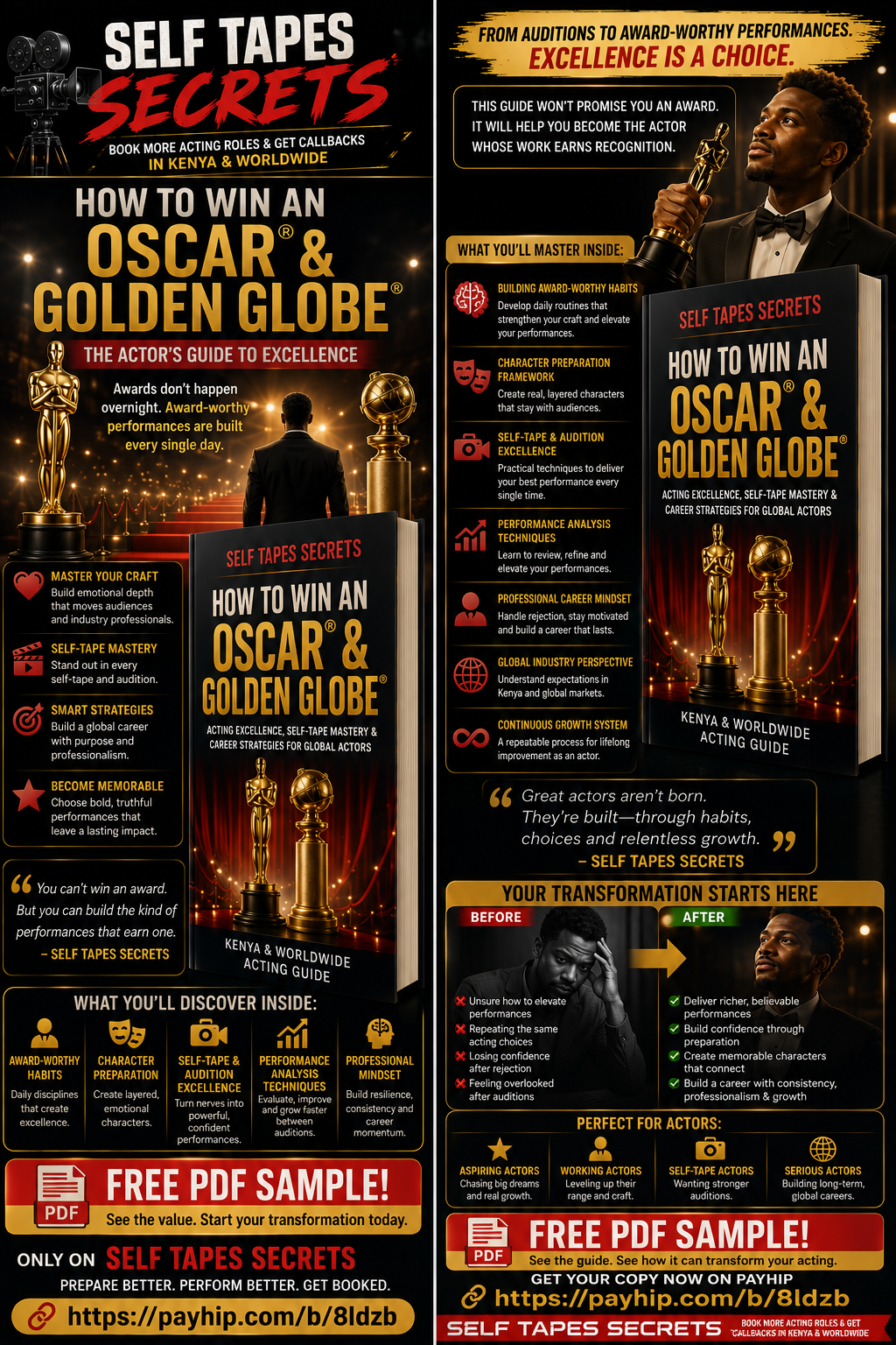 Discover practical acting techniques inspired by award-winning performers. Learn how to improve self tapes, master auditions, build unforgettable characters, and grow your acting career in Kenya and worldwide with this professional acting PDF guide.