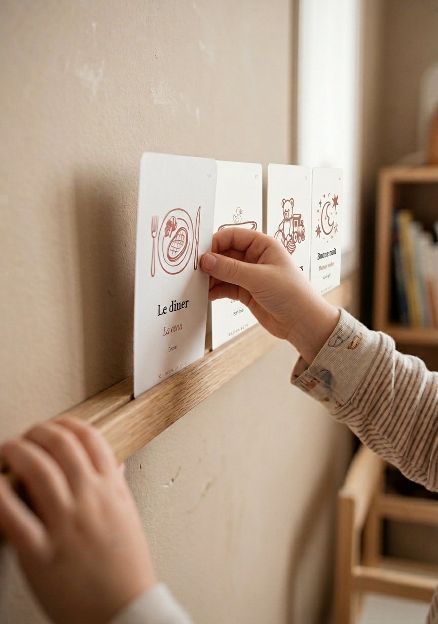 Montessori daily routine cards for kids in French and English - Printable bilingual schedule cards.