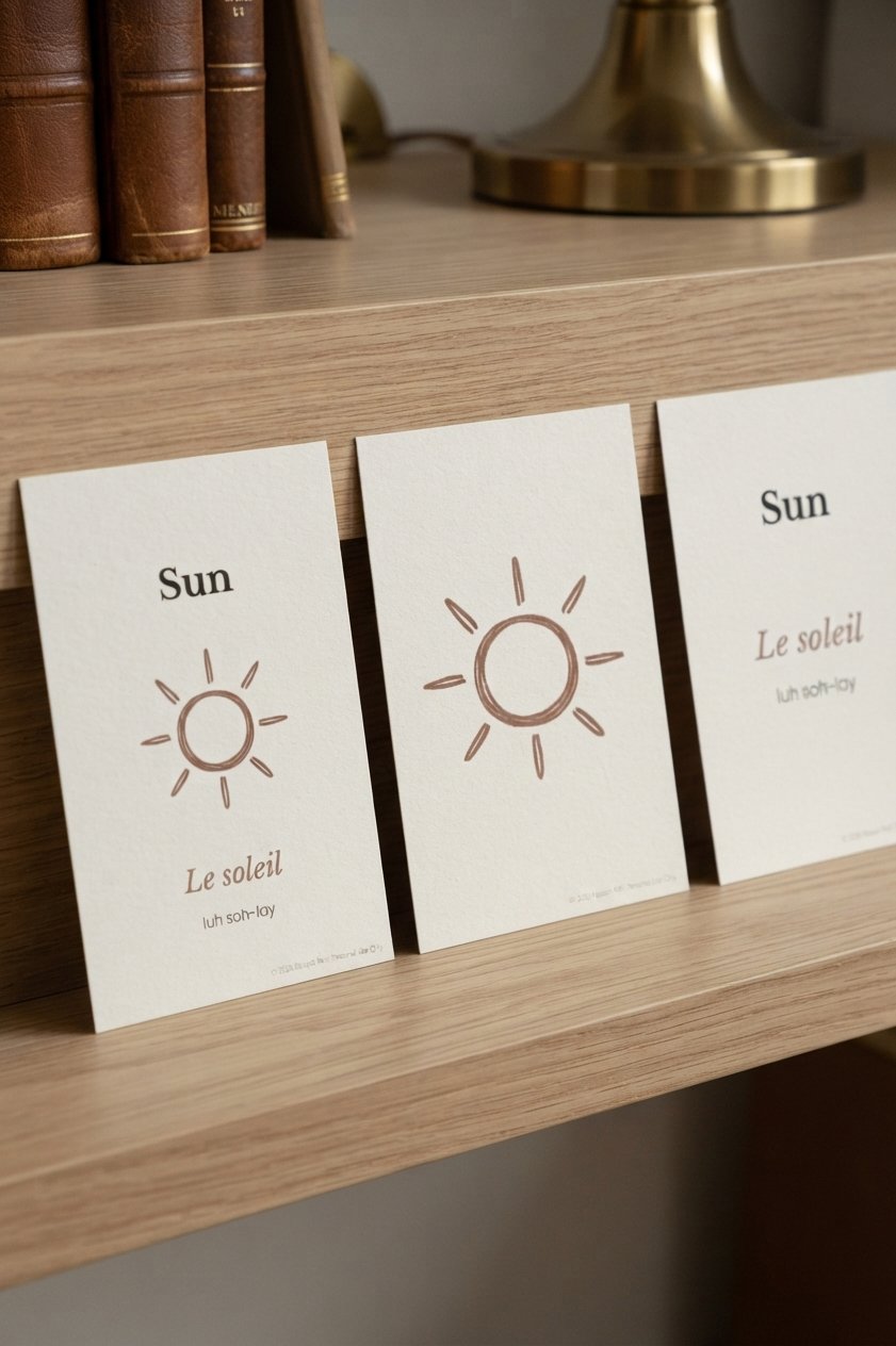 Bilingual Montessori nature flashcards in English and French - 20 printable concepts for toddlers.