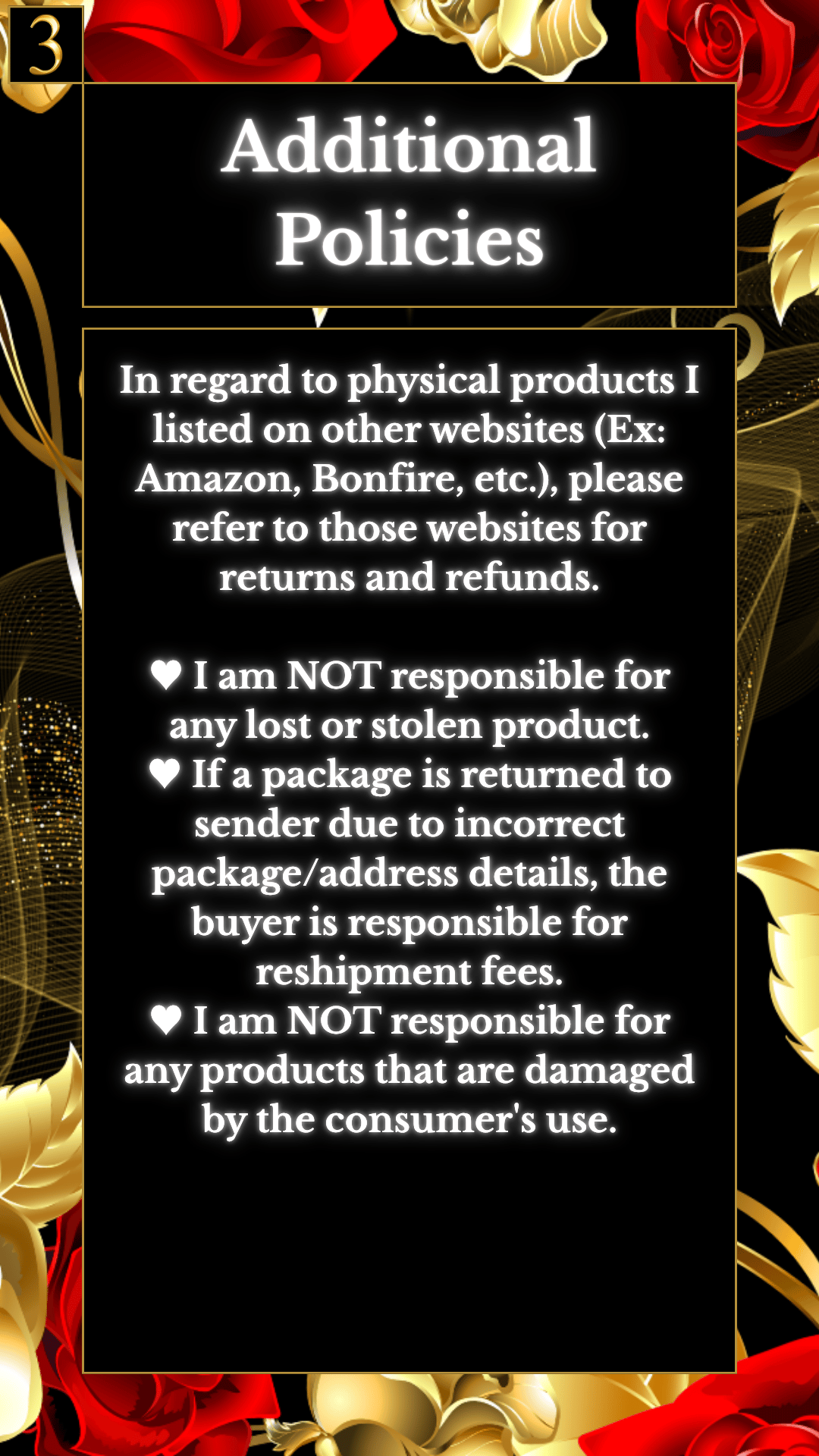 An image that lists additional policies attached to Erin Nevers's Return & Refund Policy.