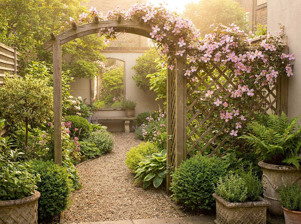 A small garden design featuring a winding gravel path, freestanding trellis with climbing clematis, and layered borders that make a tiny courtyard garden feel larger and more private.