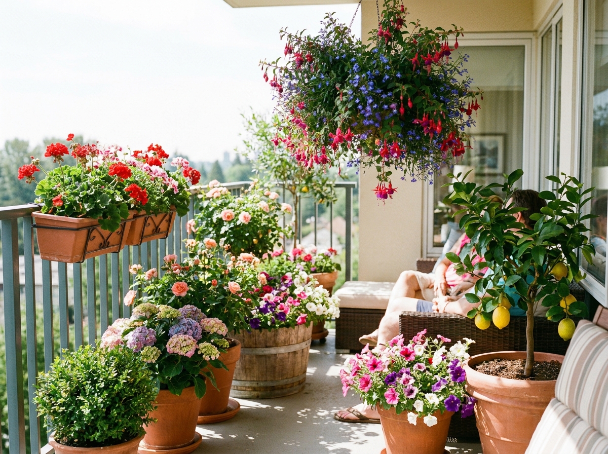 A colorful balcony container garden with terracotta pots, hanging baskets of trailing petunias and fuchsias, and a window box of geraniums, showing container gardening ideas for small spaces.
