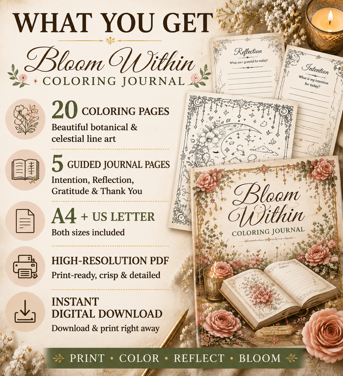 Bloom Within printable coloring journal featuring 20 botanical and celestial coloring pages, 5 guided journal pages, A4 and US Letter sizes, and instant digital download.
