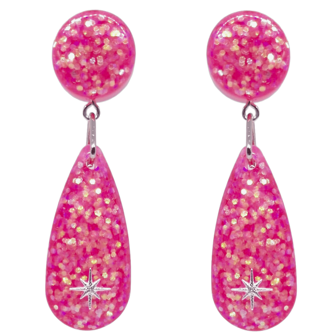 Retro Pinup Glitter Teardrop Pink Earrings