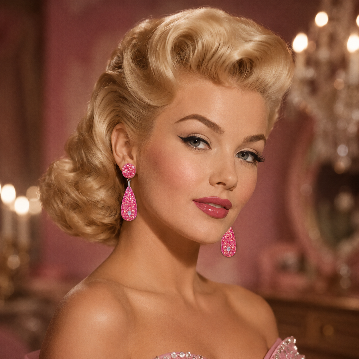 1950's Retro Vintage Pink Glitter Teardrop Earrings Atomic Cat