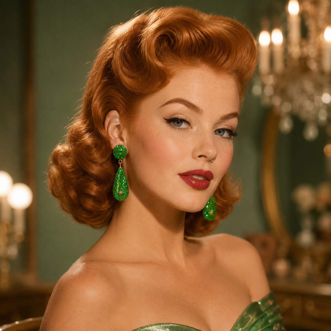1950's Retro Vintage Green Glitter Teardrop Earrings Atomic Cat