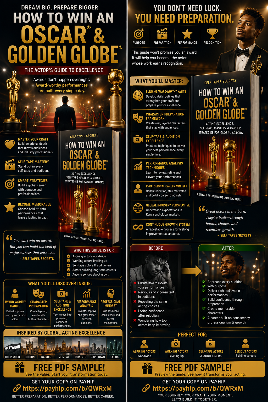 Discover practical acting techniques inspired by award-winning performers. Learn how to improve self tapes, master auditions, build unforgettable characters, and grow your acting career in Kenya and worldwide with this professional acting PDF guide.