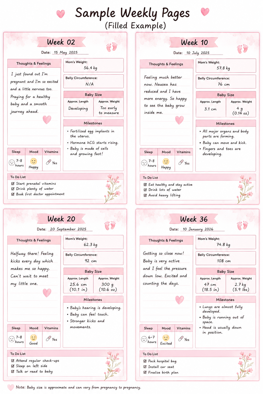 Pregnancy journal for tracking thoughts feelings mom weight belly circumference baby size and milestones