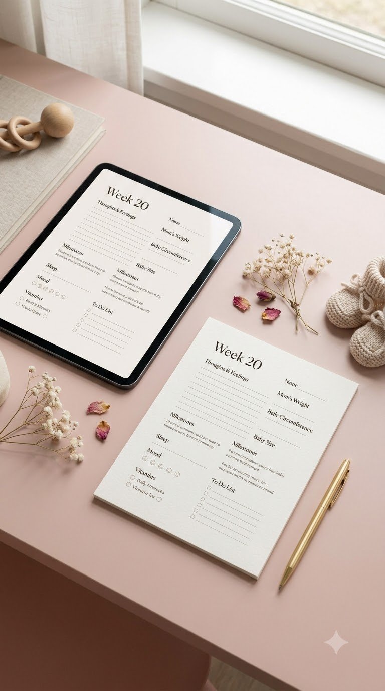 Pregnancy journal weekly planner page displayed on tablet and printable paper for moms-to-be