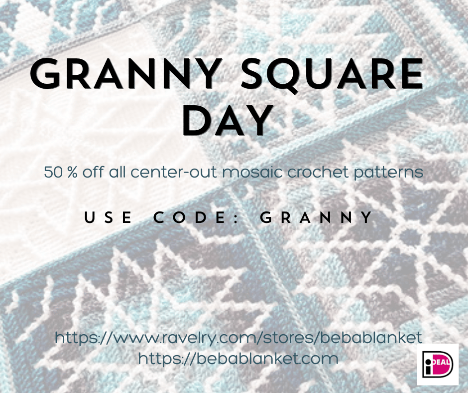 mosaic crochet blanket pattern in rounds from center-out; Granny Square Day; BebaBlanket
