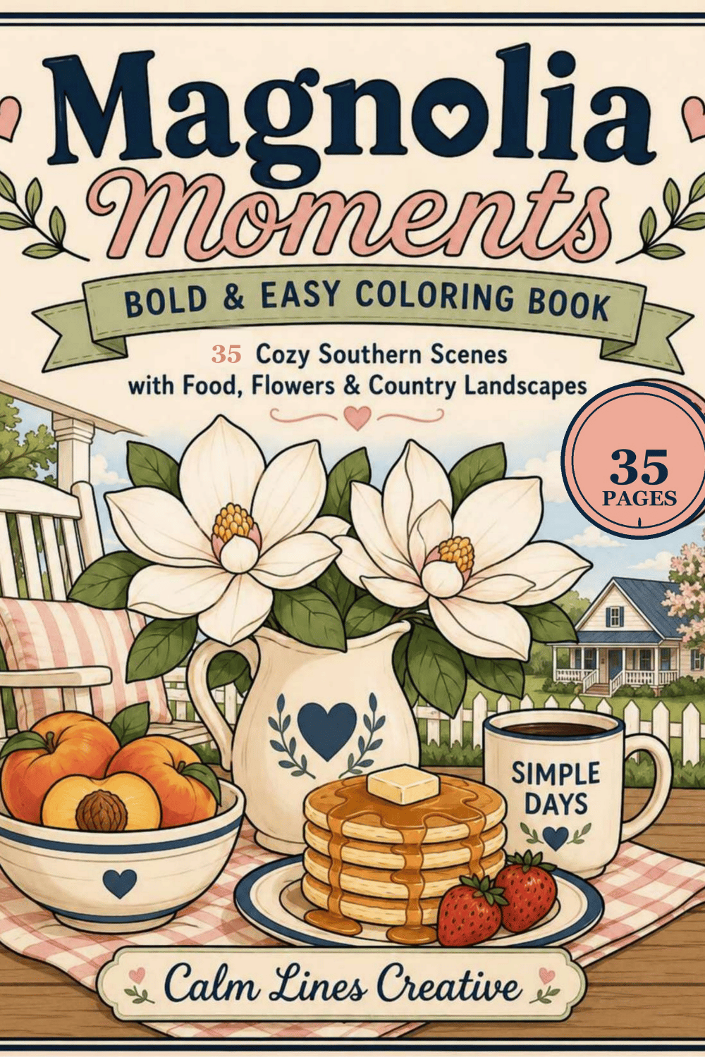 Magnolia Moments – Bold & Easy Coloring Book cover, a 35-page Southern-style adult coloring book with magnolias, front porch and cozy breakfast scene, by Calm Lines Creative
